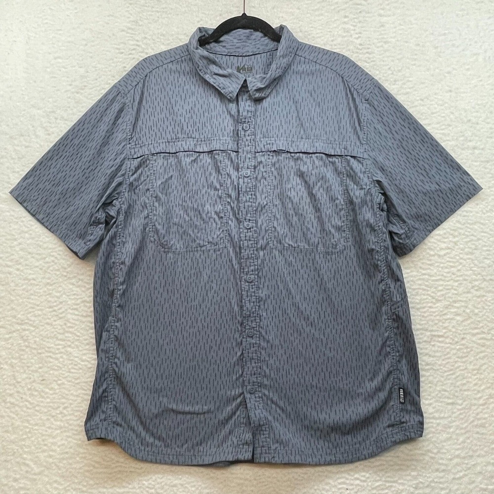 REI Shirt Mens Extra Large Blue Trees Fishing Vented Button Down Hiking Outdoors